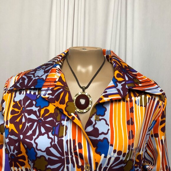 Casual Orange and Blue Maxi Dress with Notched Collar - Picture 2 of 8